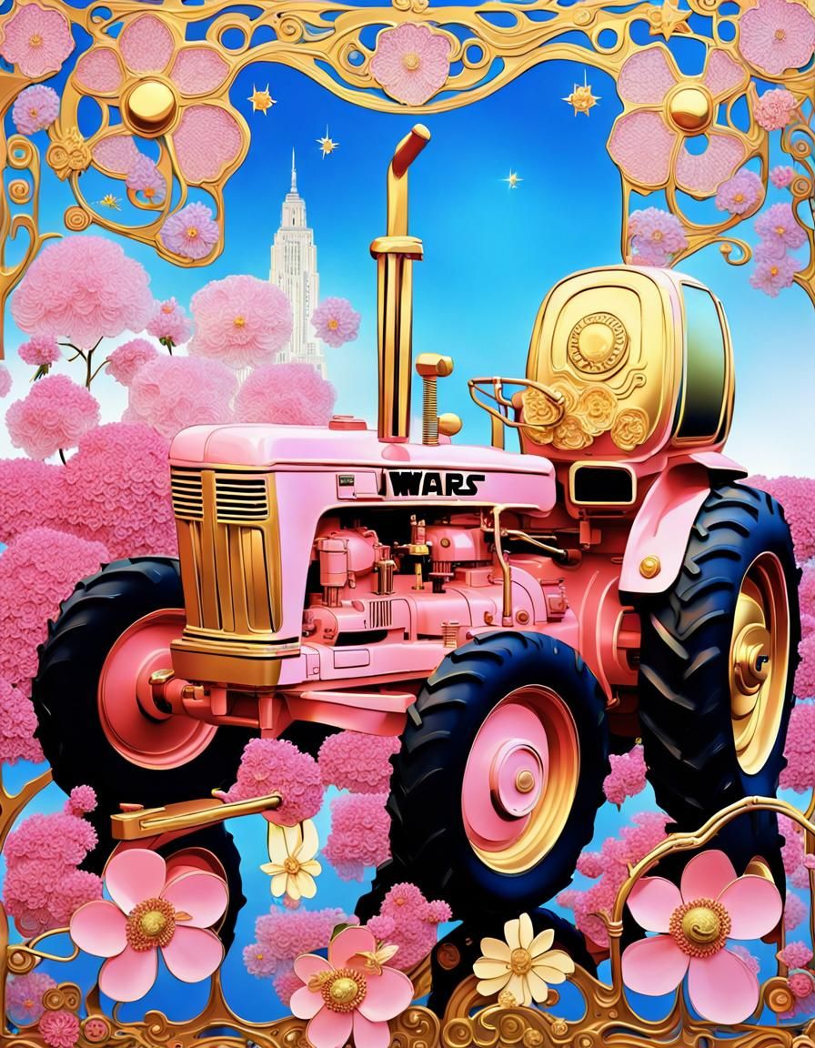 Pink Tractor in Klimt-Inspired Art Nouveau Style