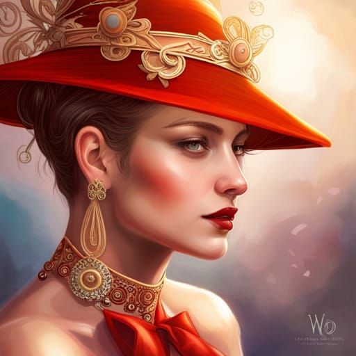 Girl in Red and Gold Hat: Hyperdetailed Portrait