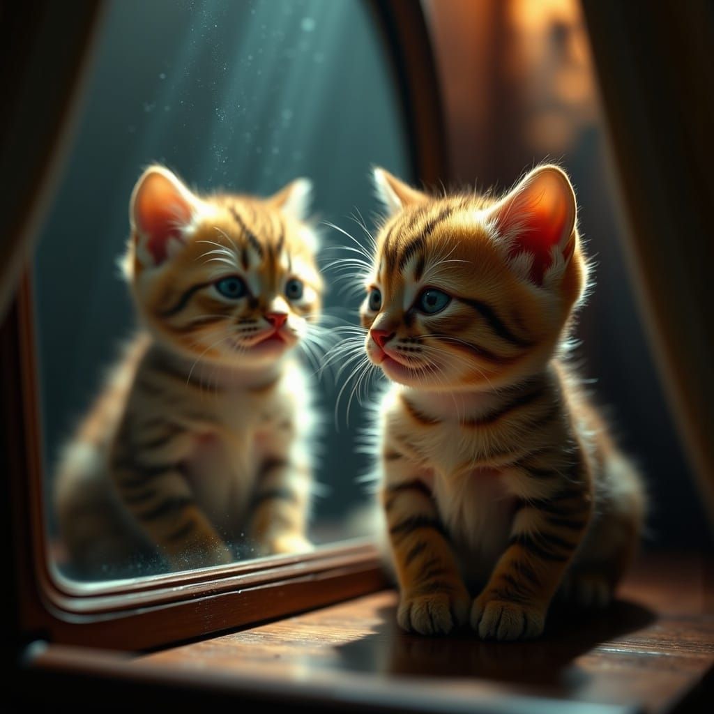 Kitten's Ugly Reflection: Hyperrealistic AI Image