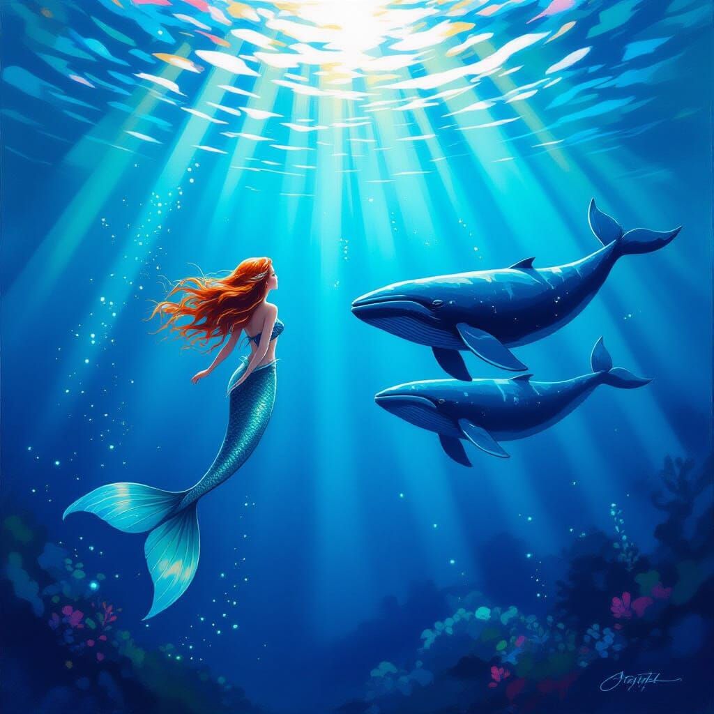 Mermaid and Whales in Mystical Underwater Scene
