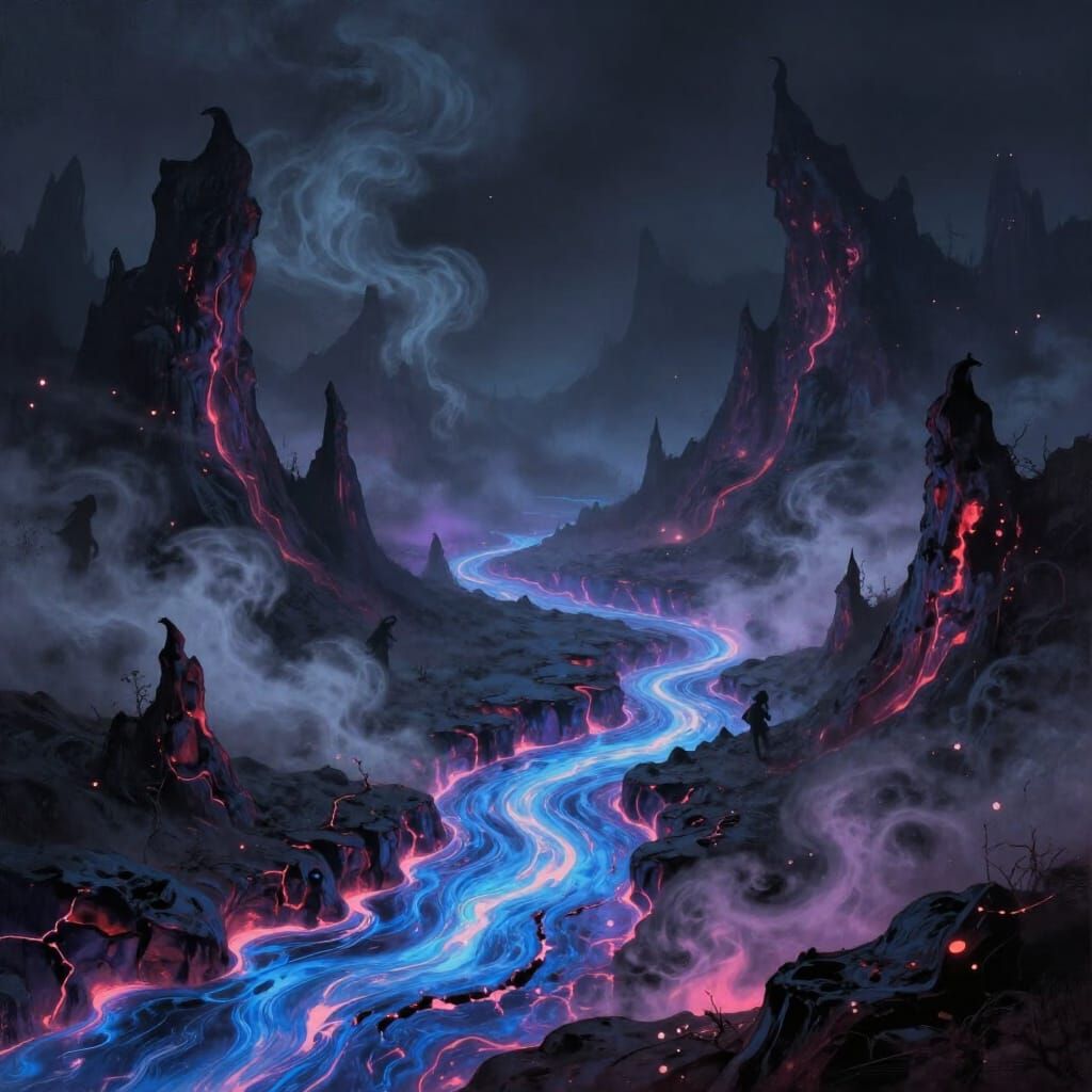 Surreal Hellscape with Neon Lava Rivers