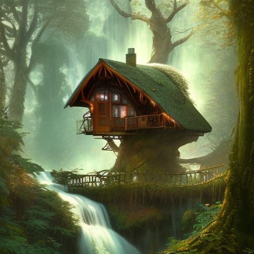 Enchanted Forest Treehouse with Waterfall: Astral Illustrati...
