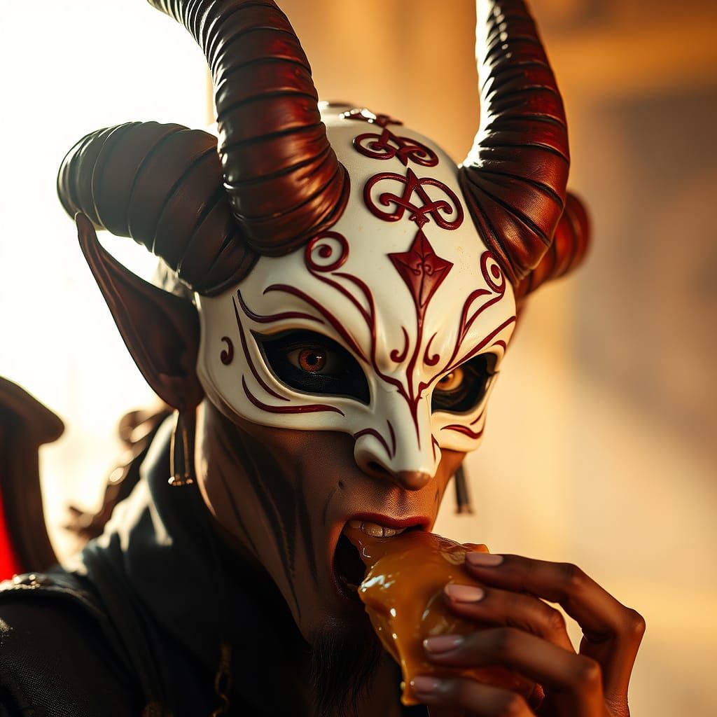 Demon in Masquerade Admires Golden Caramel