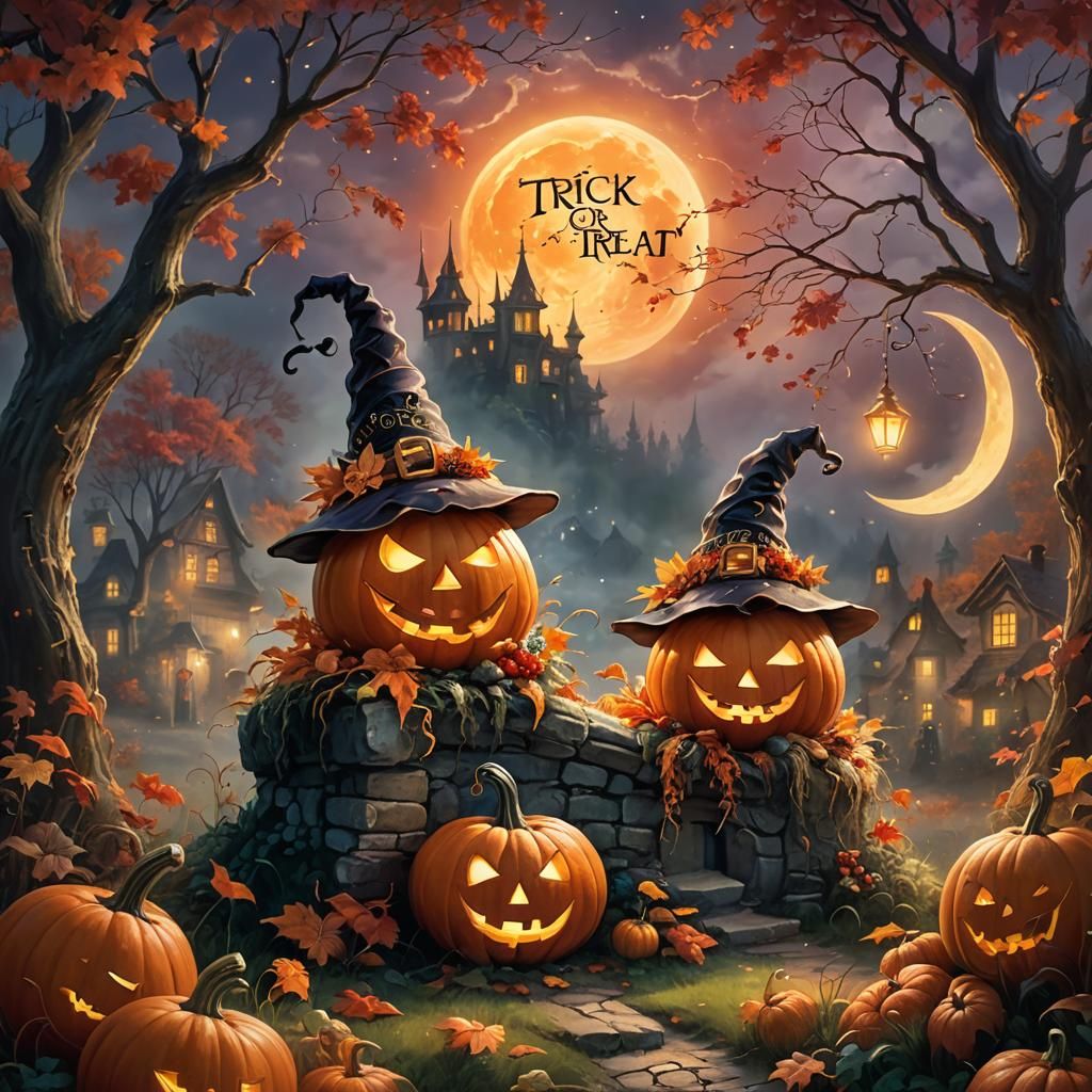 Whimsical Pumpkins in Fairy Hats Under Red Moon