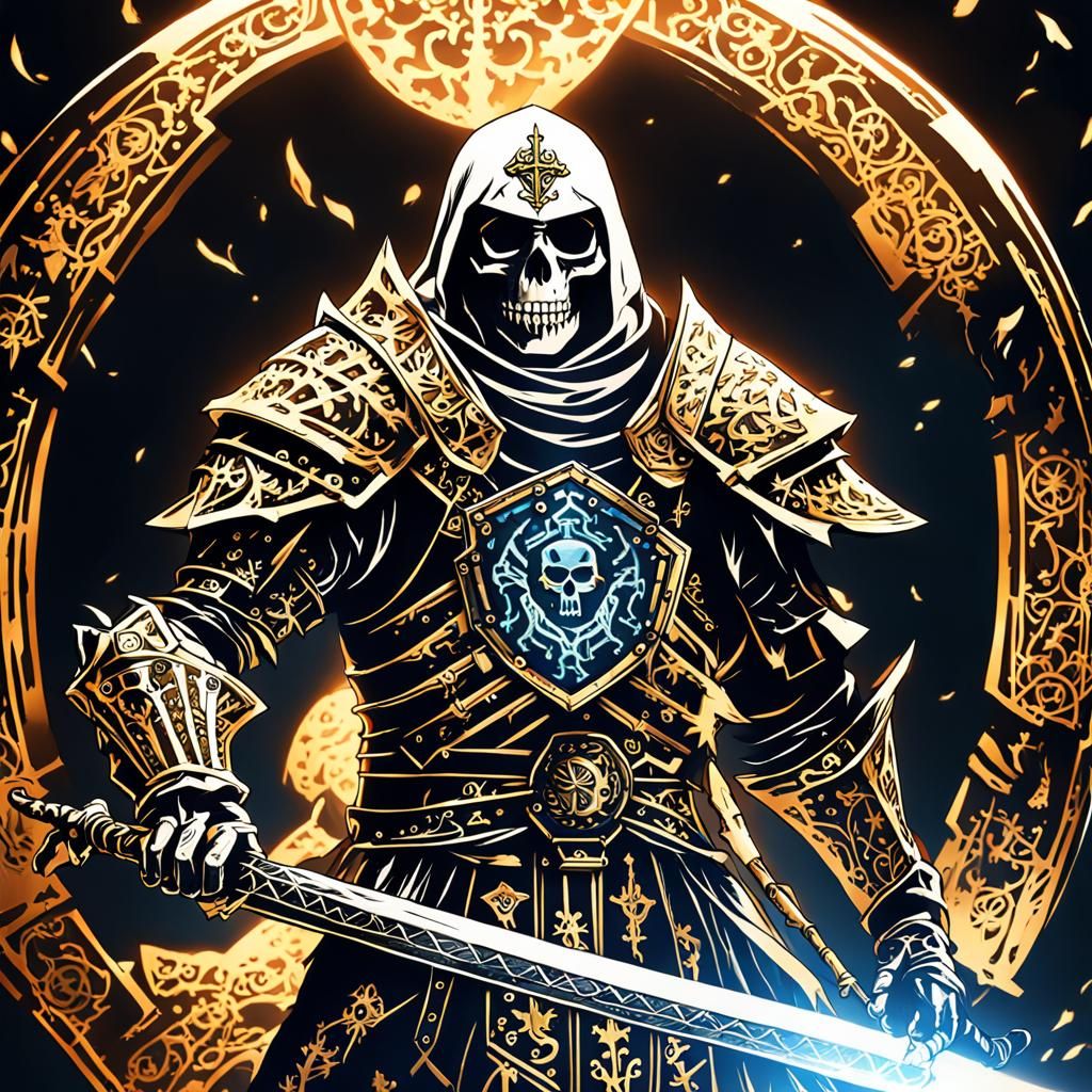 Priest in Skeleton Armor with Glowing Scimitar, in Anime Art