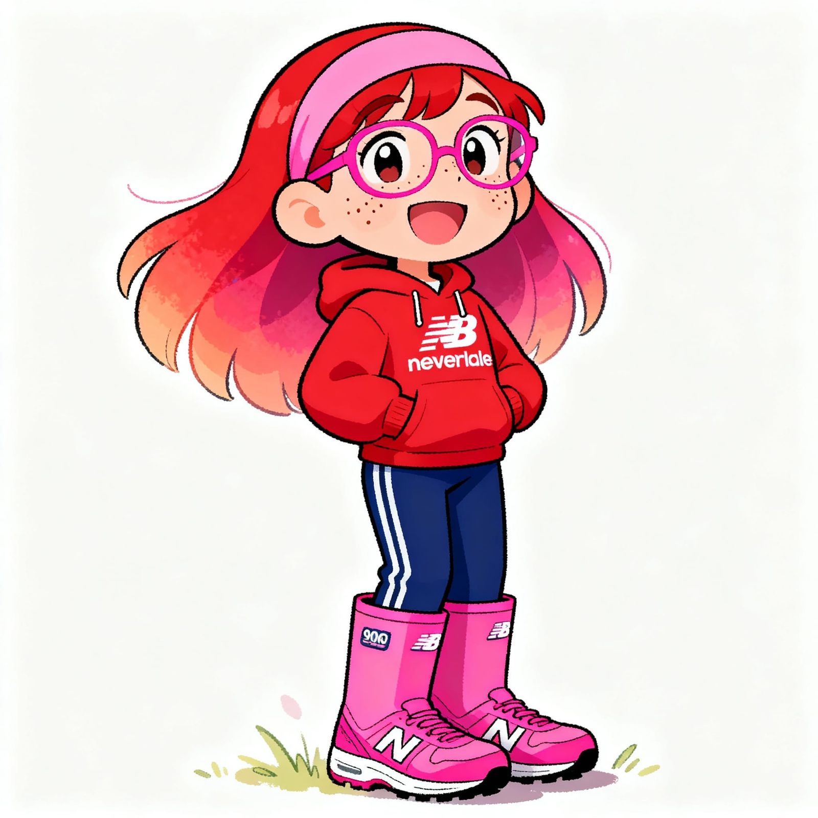 Cheerful Cartoon Girl with Gradient Hair and Pink Glasses