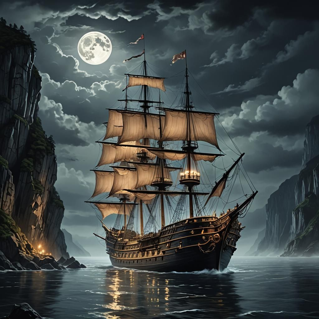 Ghost Ship Sails Through Dark Fjord