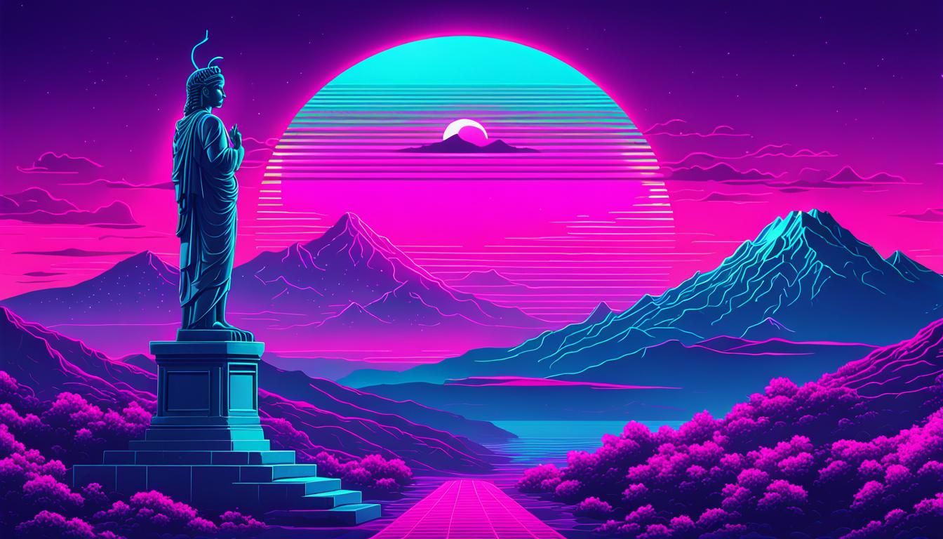 Vaporwave Goddess Over Neon Landscape