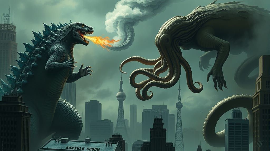 Godzilla vs Cthulhu: Ominous Cityscape Showdown