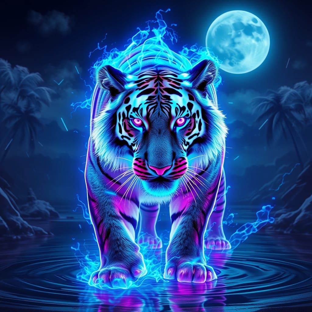 Ethereal Cyberpunk Tiger Erupts in Electric Blue Flames
