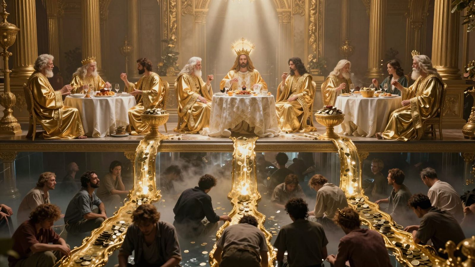 Dystopian Opulence: Elites Feast Above Suffering Masses