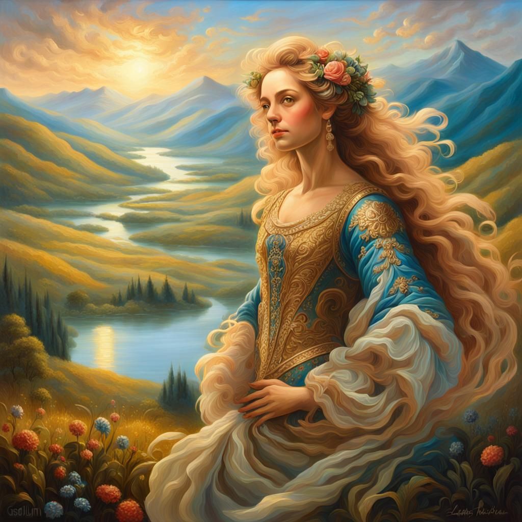 Baroque Fantasy Woman in Lush Landscape Oil Painting