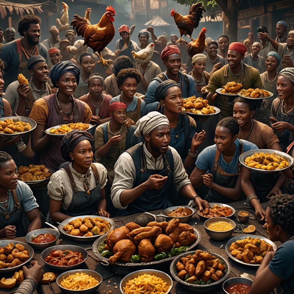 People Enjoying Chicken in Detailed Matte Painting