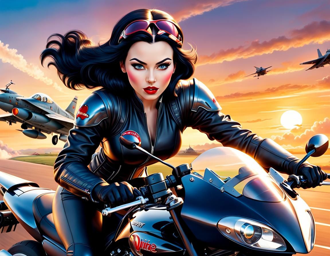 Snow White Biker Portrait at Sunset in Ultrarealistic Detail