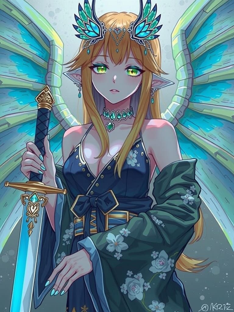 Anime Woman in Kimono with Dragon Wings and Cherry Blossoms ...