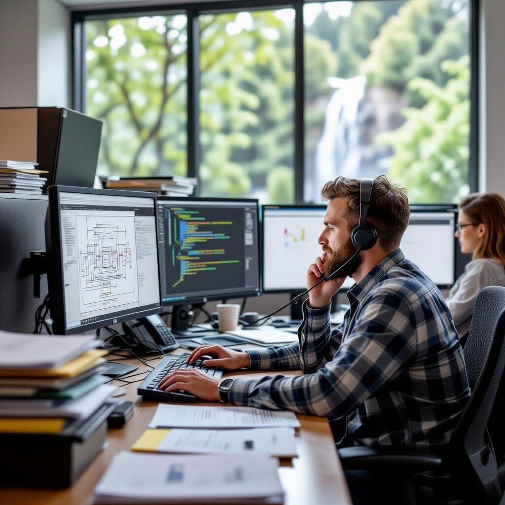Busy Engineer Working at His Desk