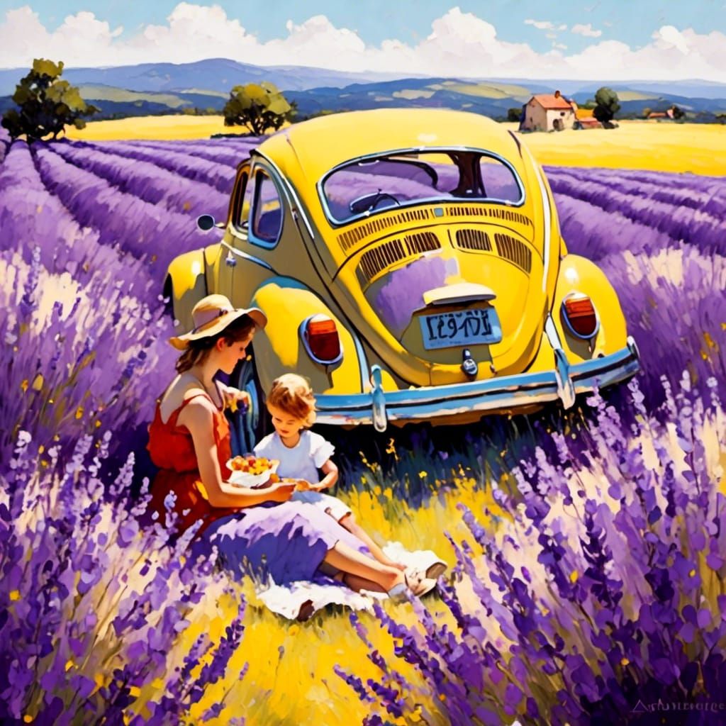 Picnic in Lavender Field with Yellow VW Beetle