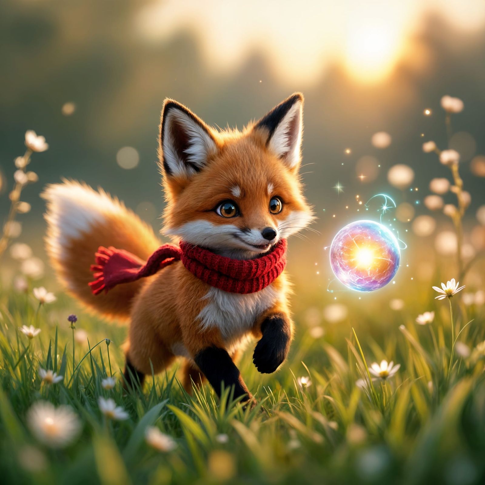 Playful Fox Kit Chasing Magical Orb in Fairy Tale Meadow