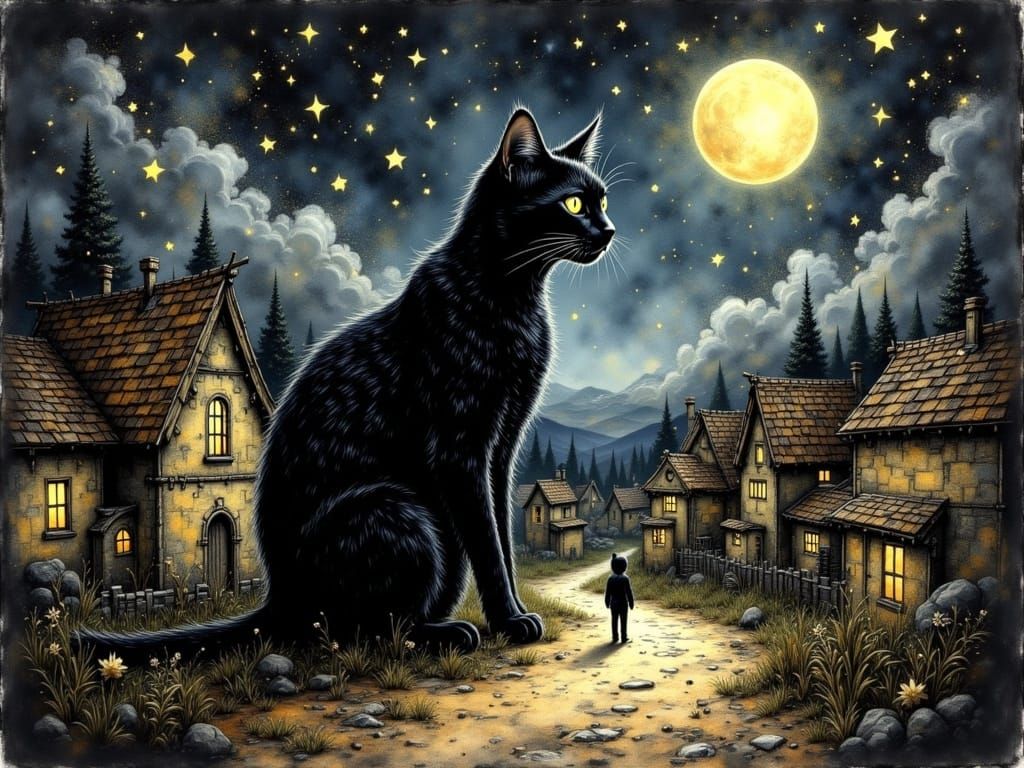 Gigantic Shadow Cat in Starry Night Village