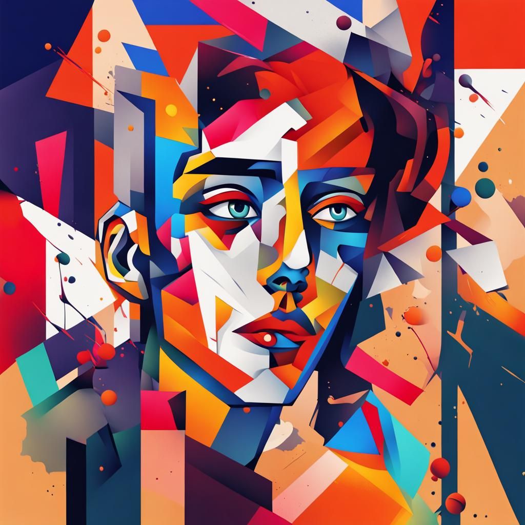 Ink Splattered Figure in Cubist Art Deco Style