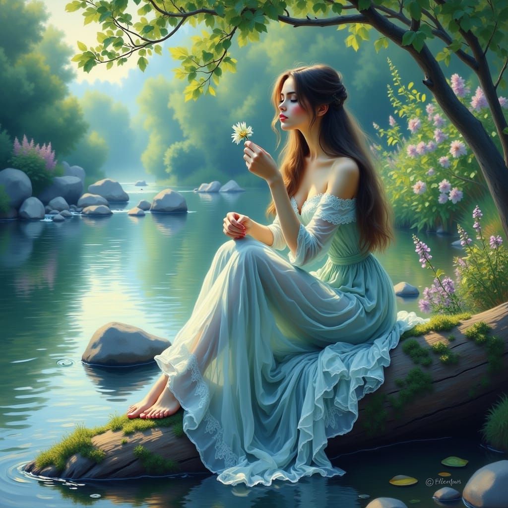 Woman by River in Dreamy Landscape