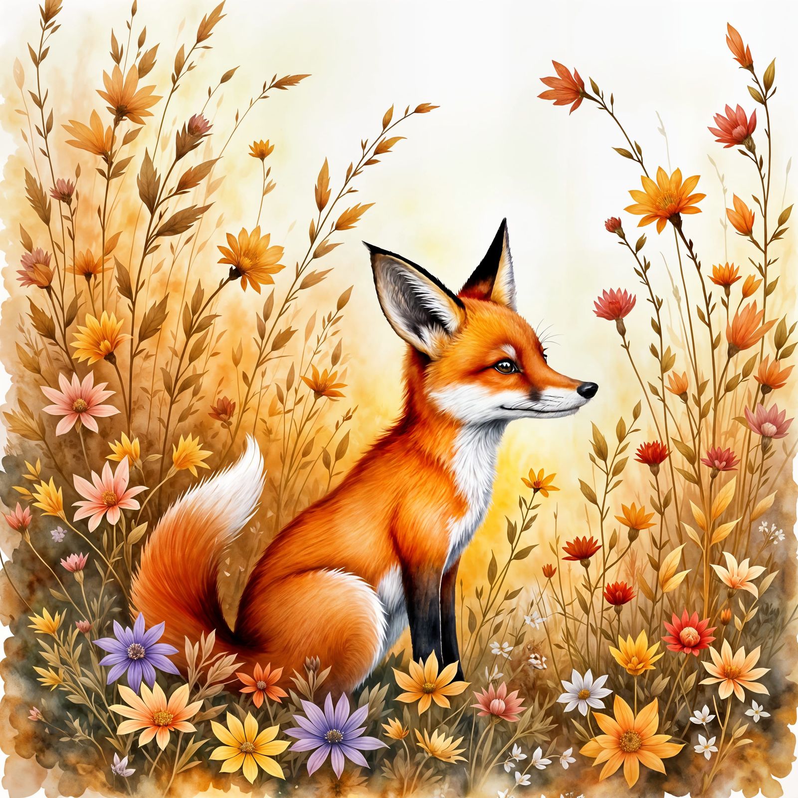 Young Fox Peeking From Wildflowers in Fall Landscape