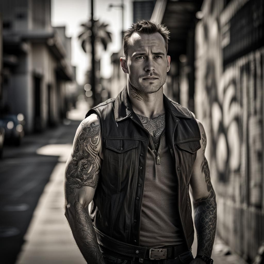 Veteran in Charcoal Drawing on Rundown Street