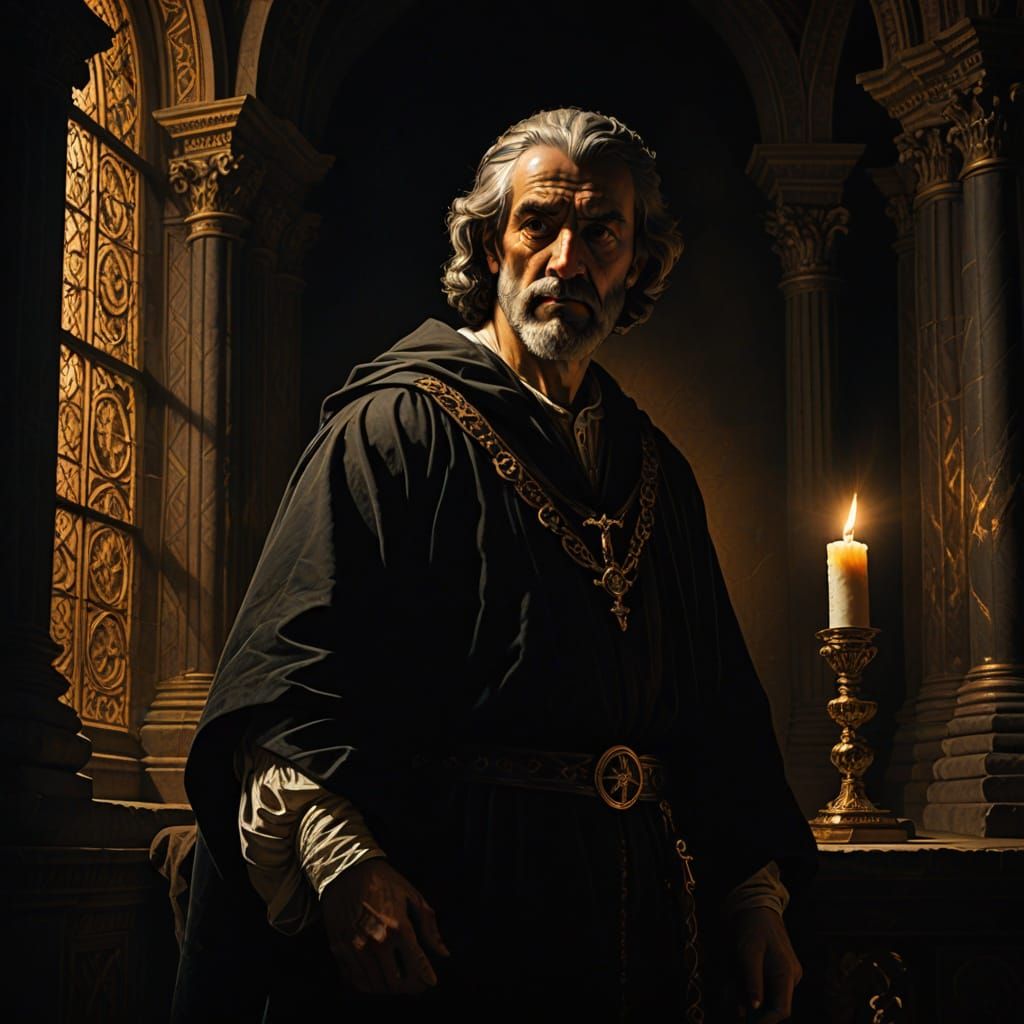 Gothic Philosopher in Candlelit Cathedral