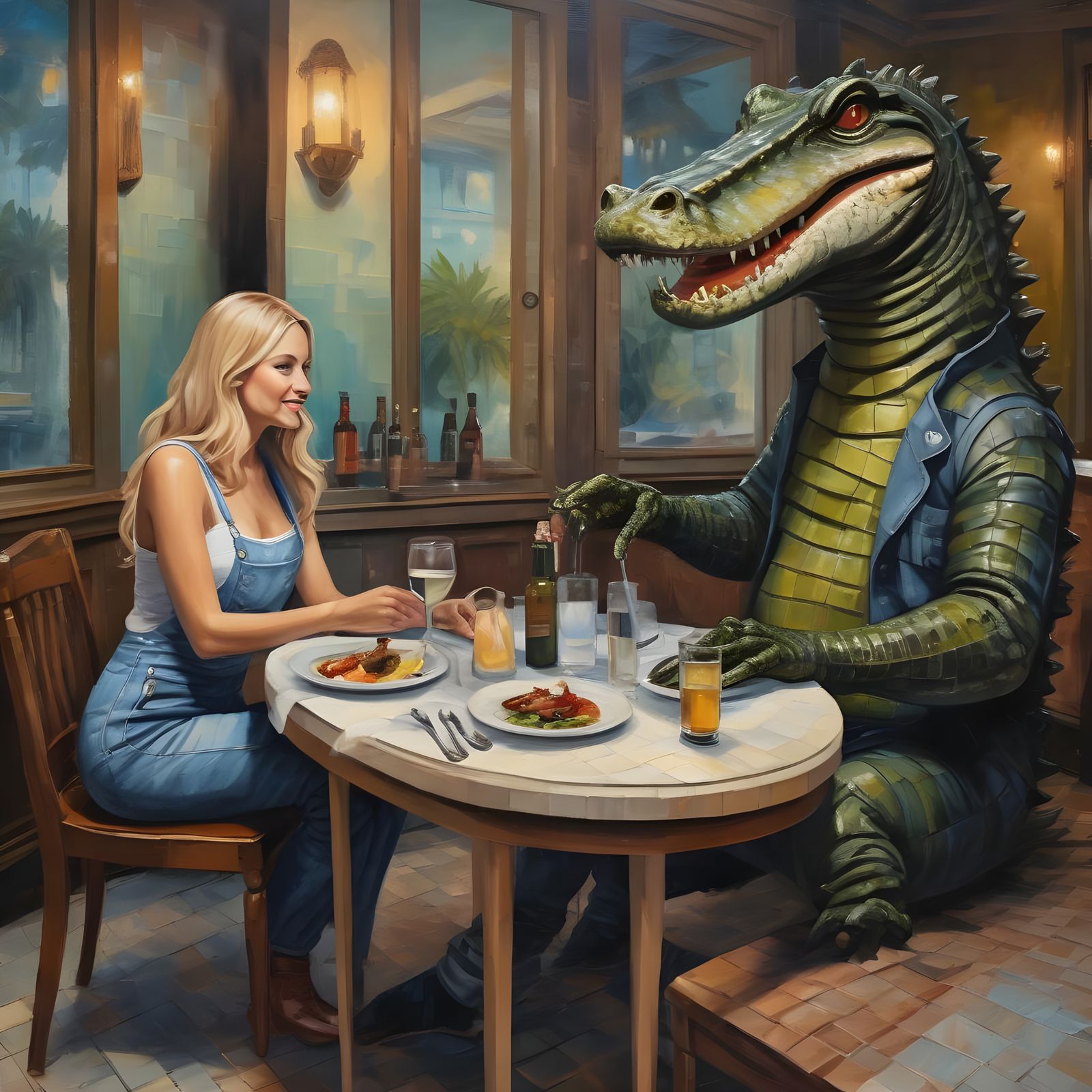 Alligator in Overalls at High-End Restaurant, Expressionist ...