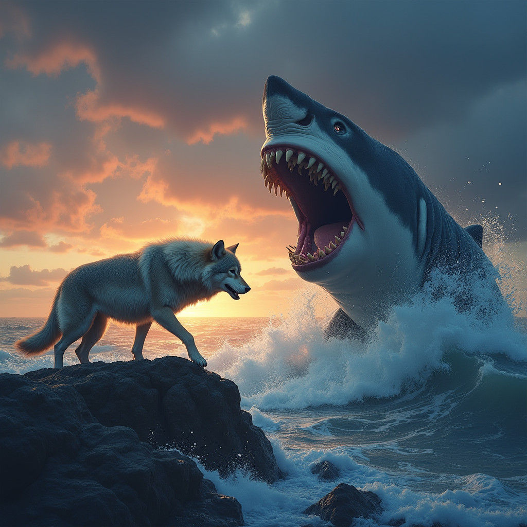 Wolf Versus Shark in Alien Twilight