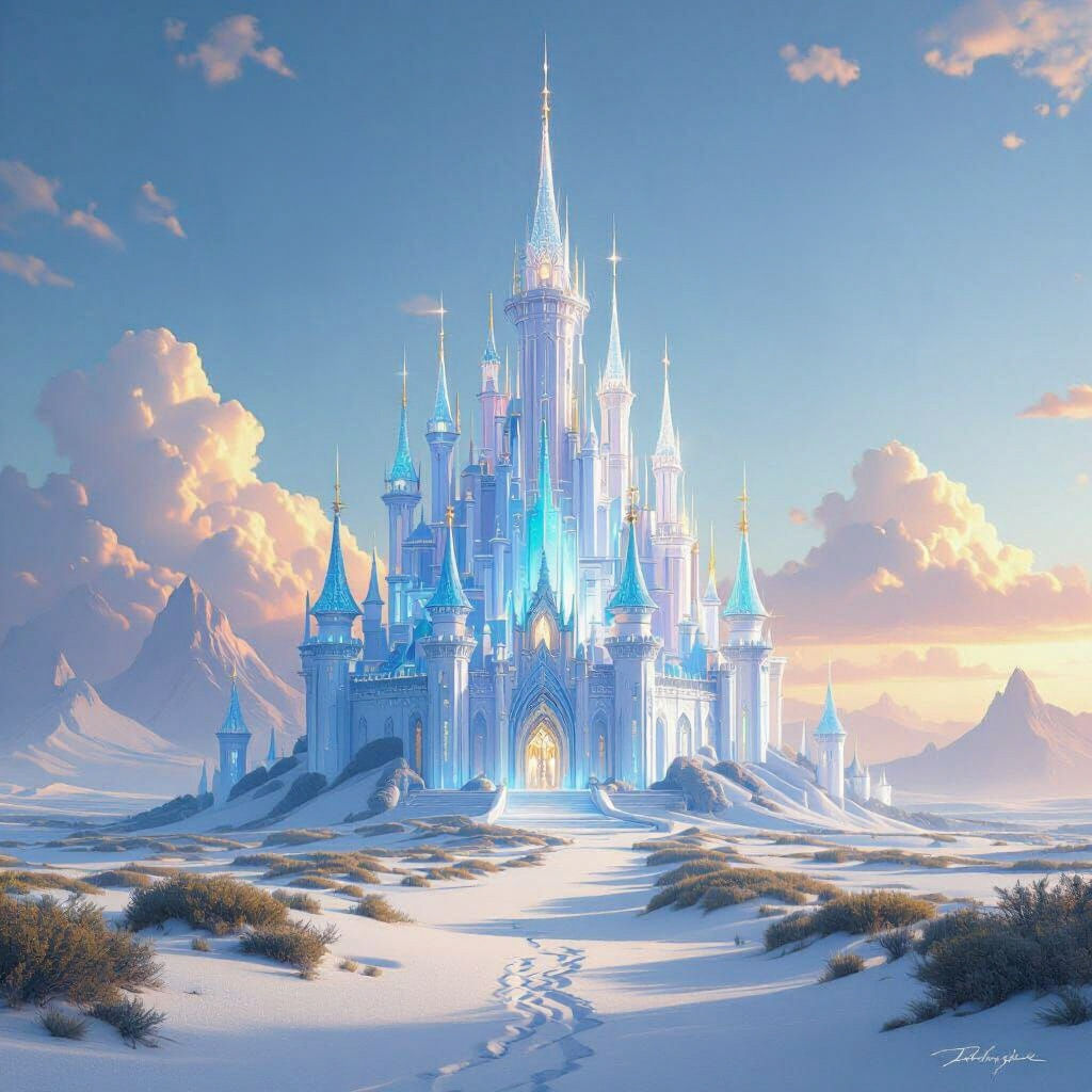 Elegant Glass Castle with Dragons in Morning Light