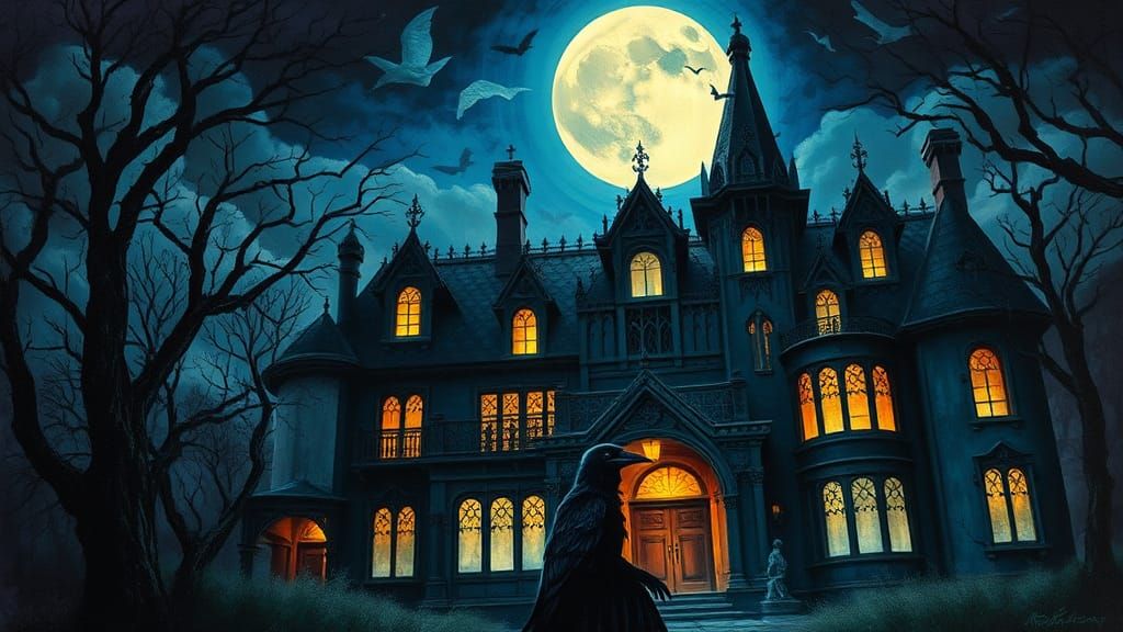 Macabre Witch and Raven in Moonlit Gothic Scene