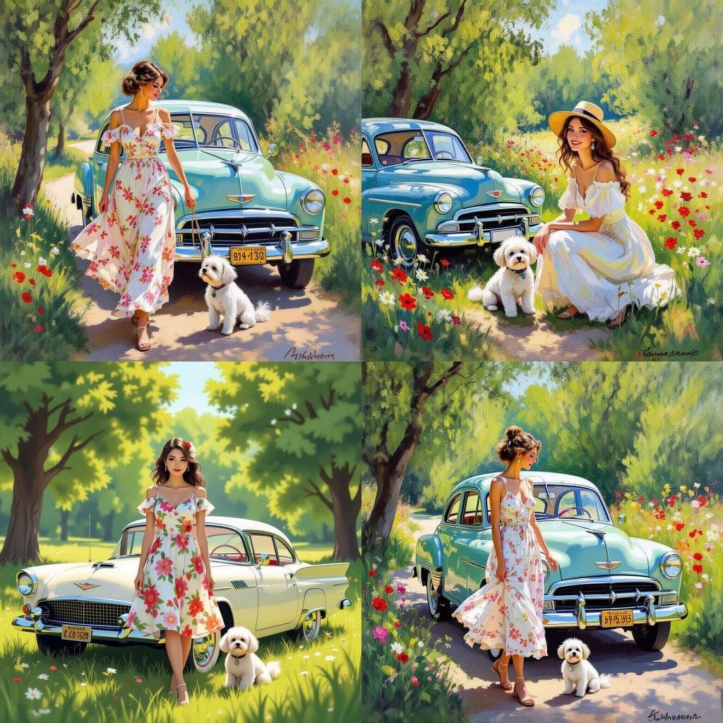 Young Woman with Car and Dog in Nature