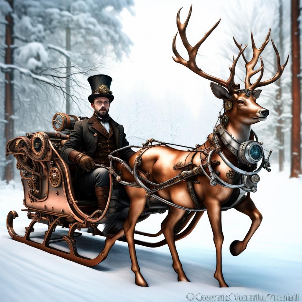Steampunk Sleigh Ride Through Snowy Forest