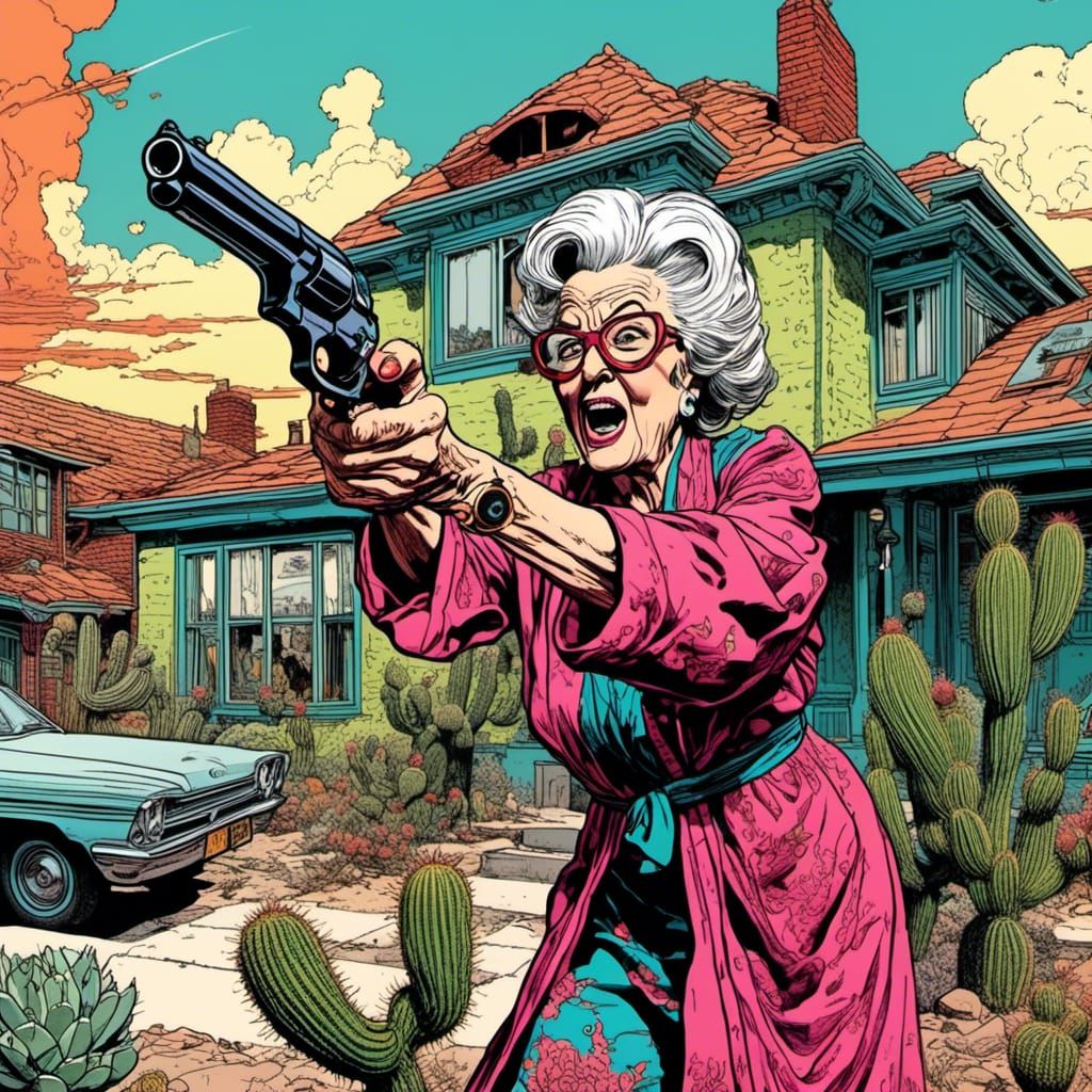 Angry Octogenarian Woman with Gun in Psychedelic Cartoon