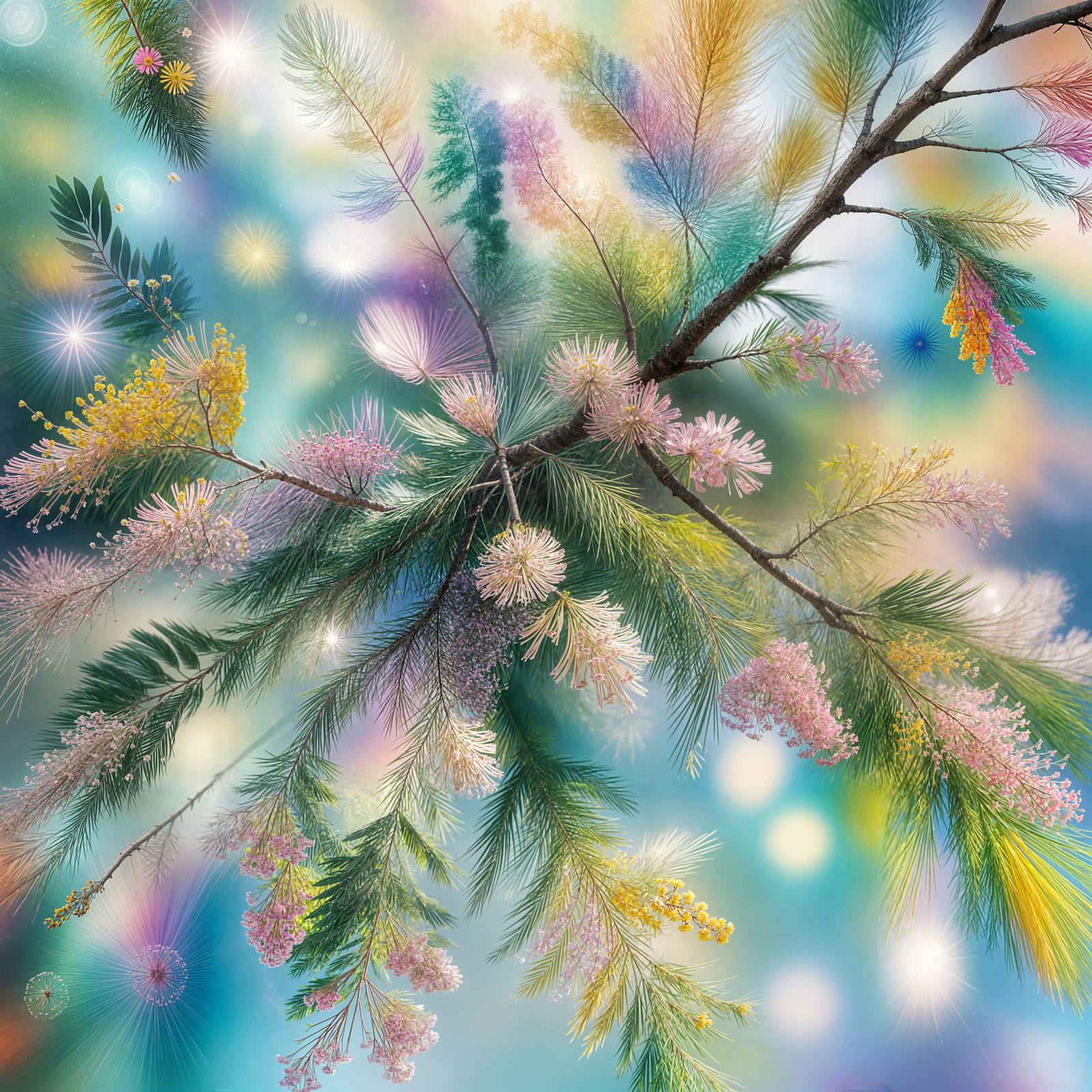 Prismatic Light Through Mimosa Flowers