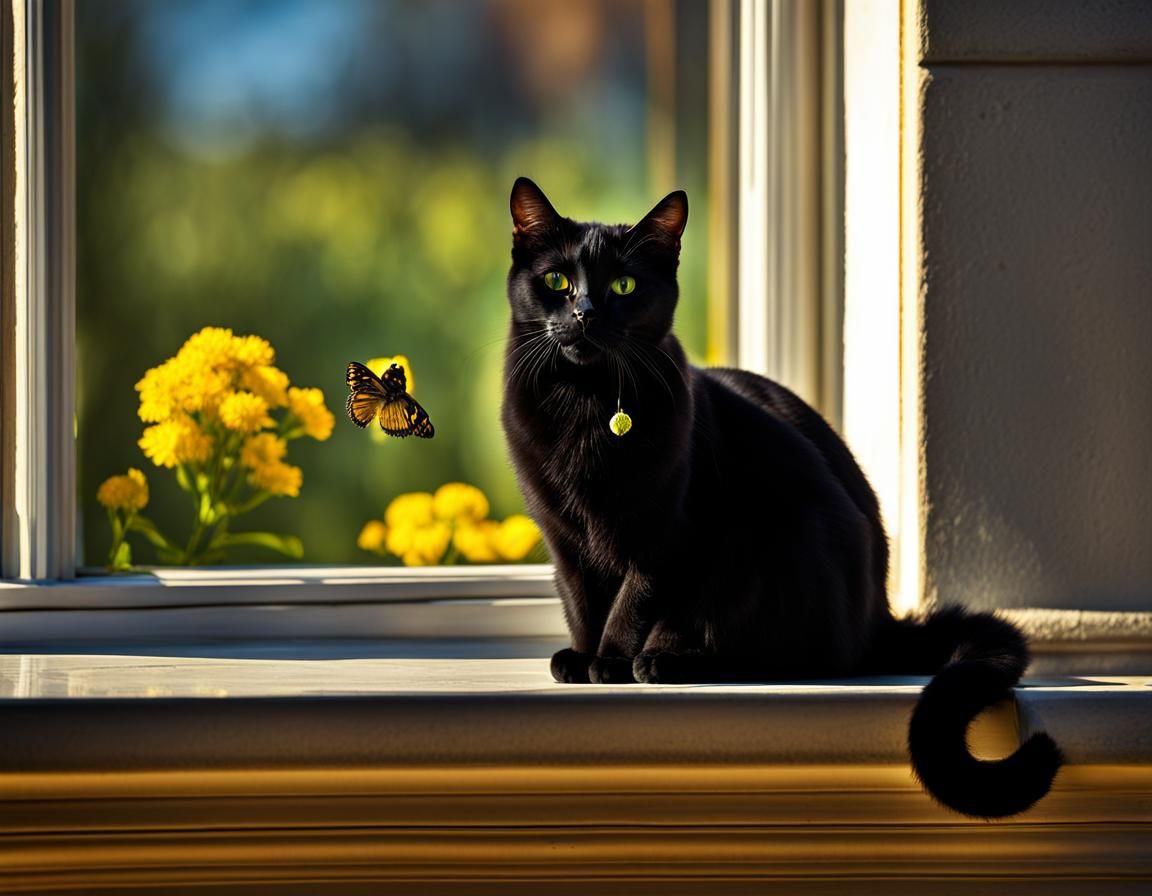 Black Cat with Butterfly, Hyperrealistic Close-Up