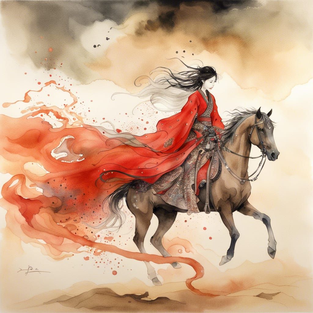 Japanese Girl Rides Stallion in Dust Storm, Watercolor