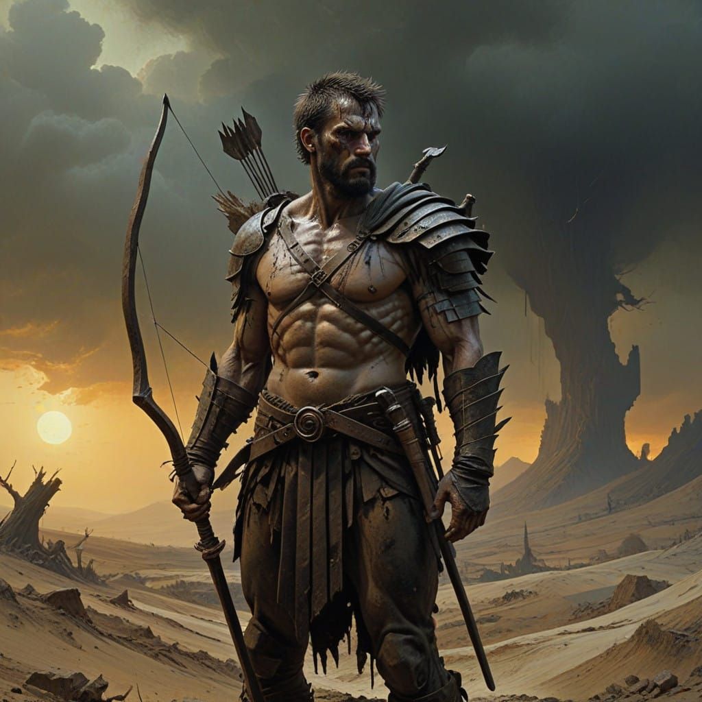 Ancient Warrior in Desolate Landscape with Broken Bow