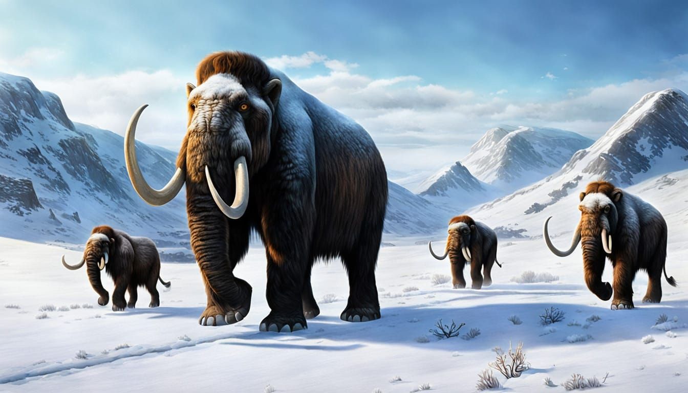 Woolly Mammoths in Snowy Field, Sabre-Tooth Tiger