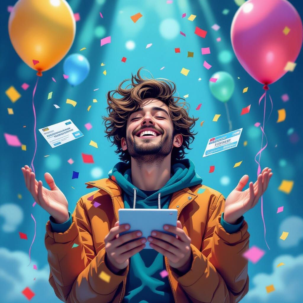 Person Receives Credits in Futuristic Digital Art Style