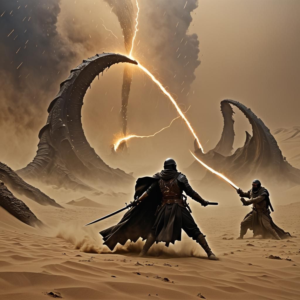 Sardaukar Duel Against Sandworm in Manga Style