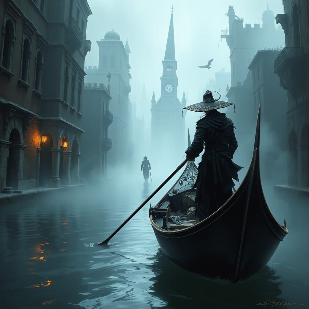 Gothic City Gondolier in Dark Fantasy Art