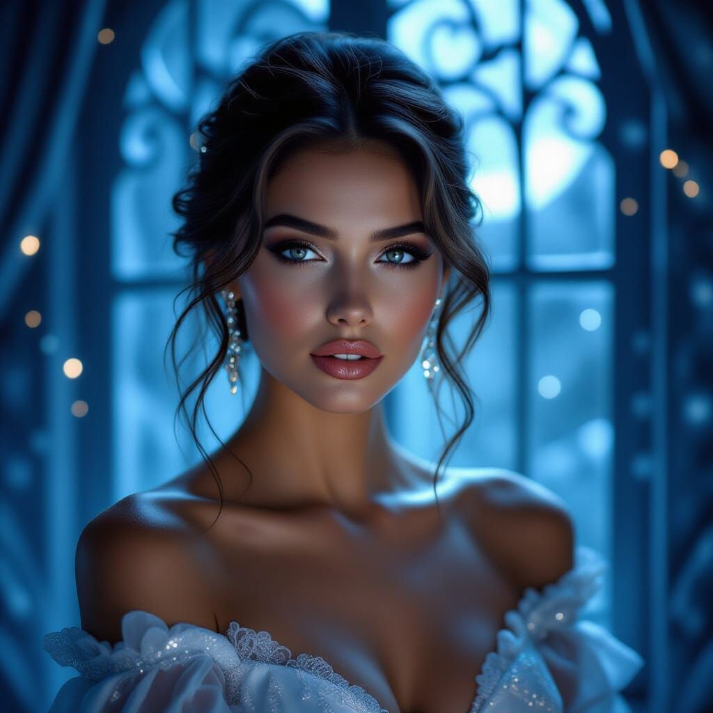 Elegant Woman in Moonlit Room: Photorealistic Portrait