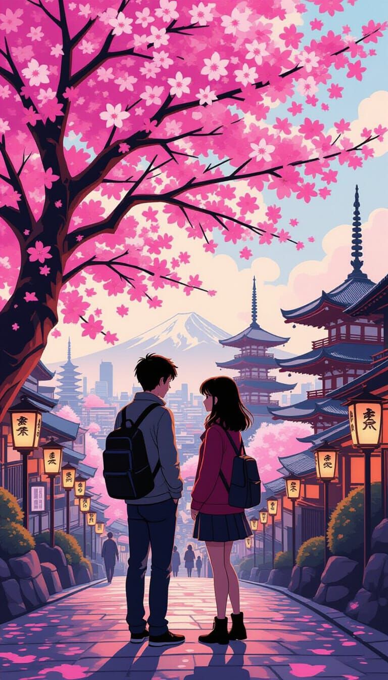 Silhouetted Couple Under Cherry Blossom Tree in Anime Style
