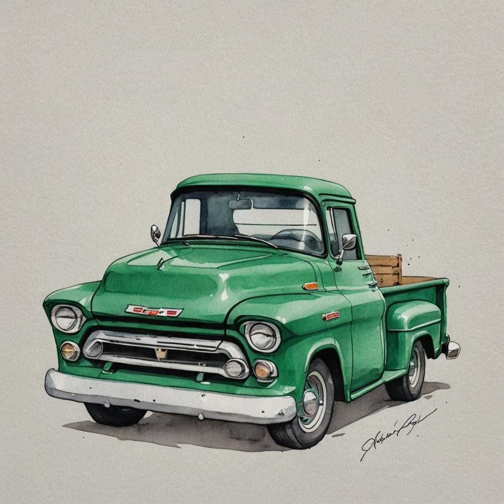 Chibi Emerald Green 1956 Chevy Truck Watercolor