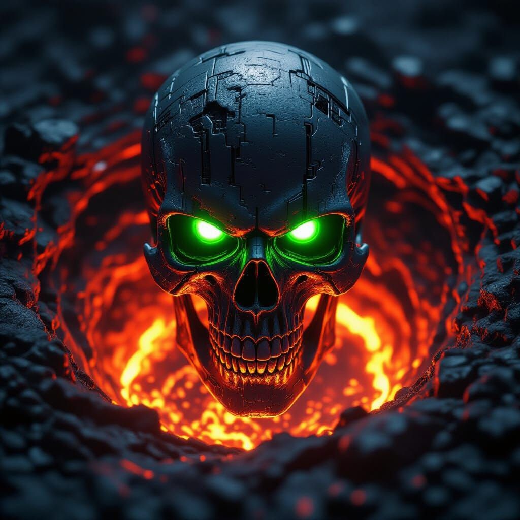Chrome Skull Emerges from Molten Metal Vortex