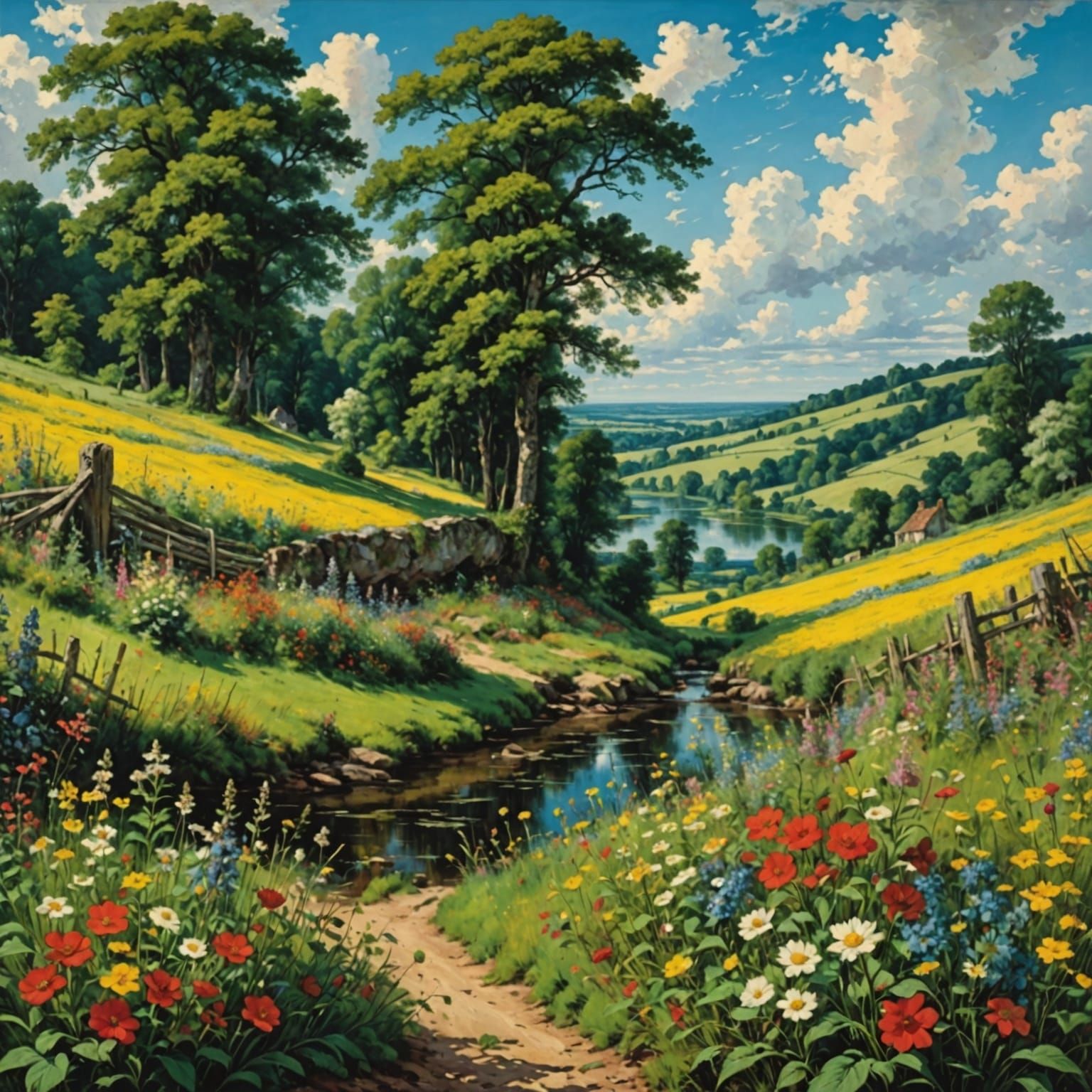 Vibrant Wildflower Landscape After Rain in Anime Style