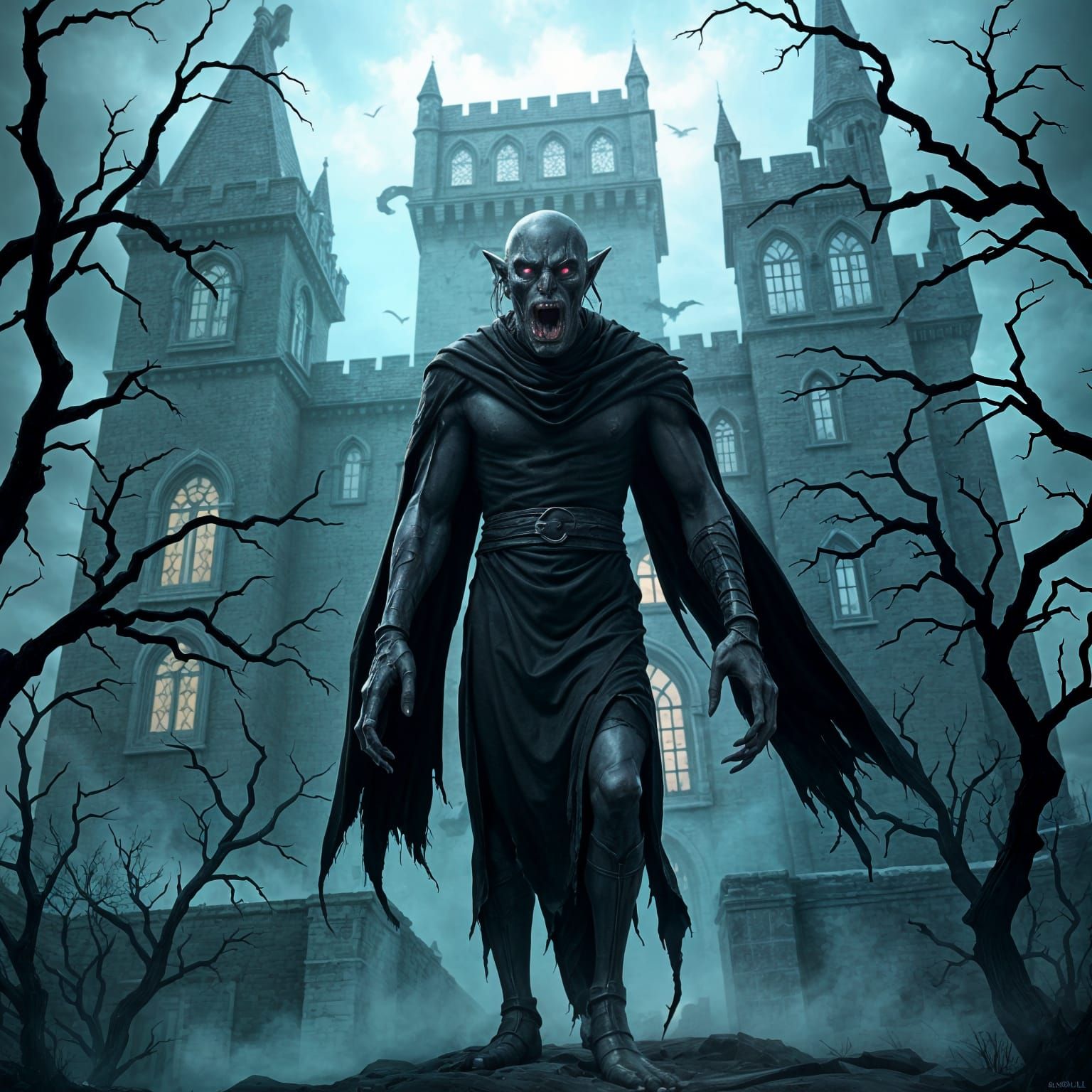 "Imagine a dark creature standing ominously in front of an ancient, haunted castle.