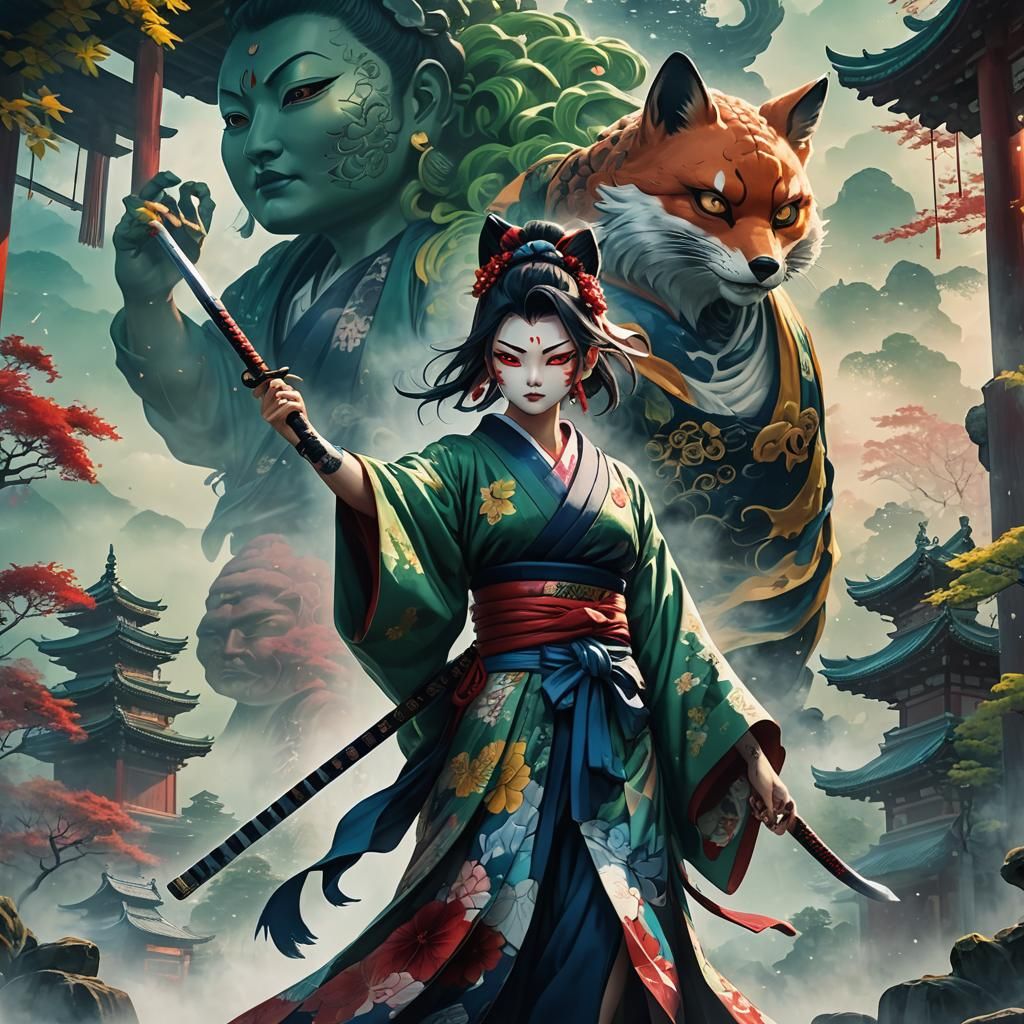 Anime Woman with Katana and Buddha Statue